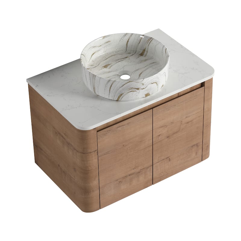 30'' Wall-Mounted Bathroom Vanity With Ceramic Art Sink & 2-Soft-Close Door, KD-Packing, Plywood
