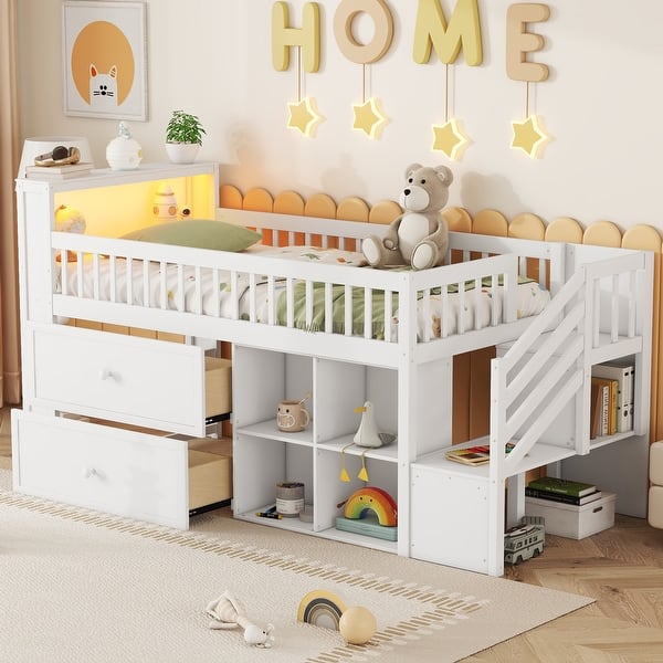 slide 2 of 18, Low Loft Bed with Stairs, Storage Loft Bed Frame with Drawers and Shelves, LED and Bookshelf White