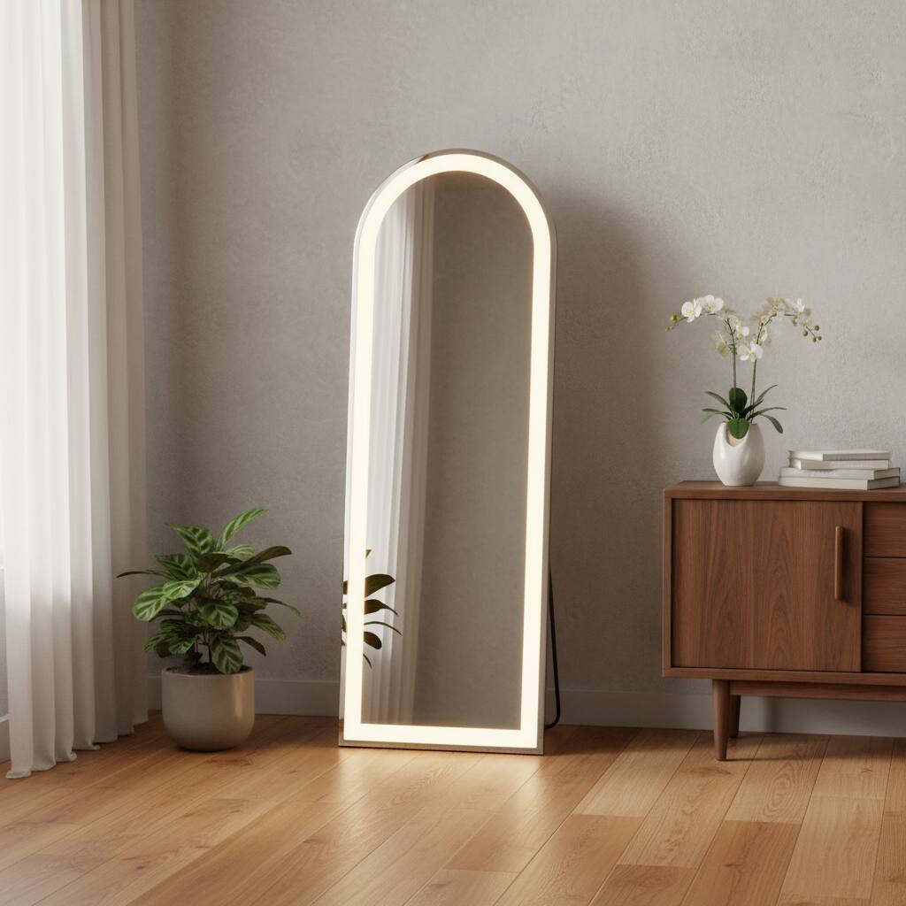 HomeRoots 63" Clear Arch Lighted Freestanding and Wall Mount Frameless Full Length Mirror - 20.00 in. x 63.00 in. x 0.90 in.