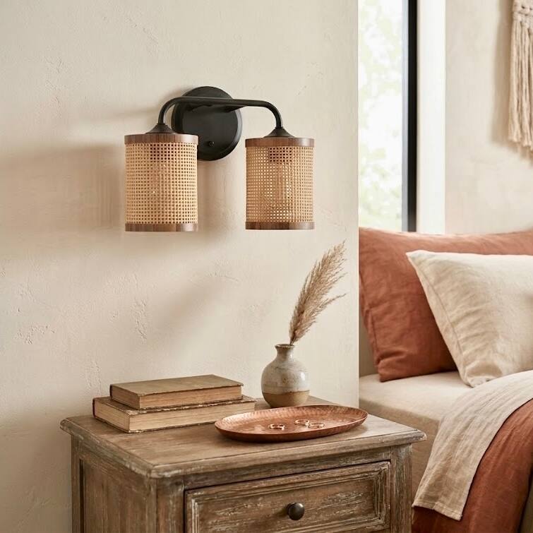 Beebu Double-Light Vanity Sconce with Rattan Shades