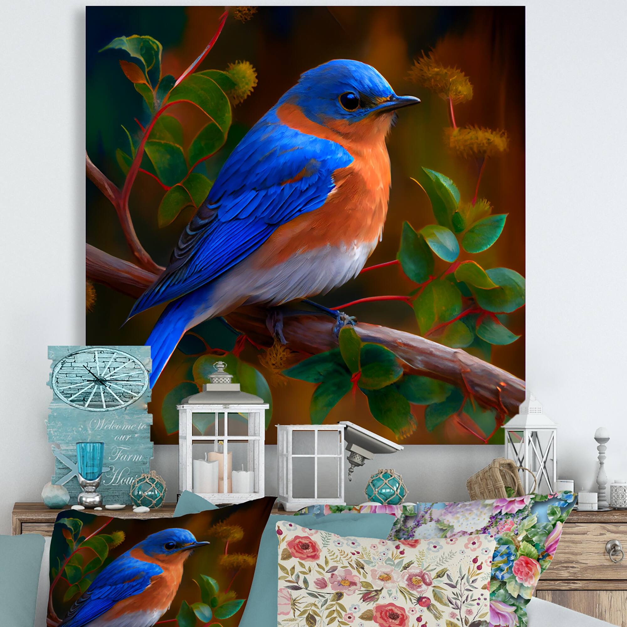 Designart 'Beautiful Bright Bluebird On A Branch I' Animals Bird Metal