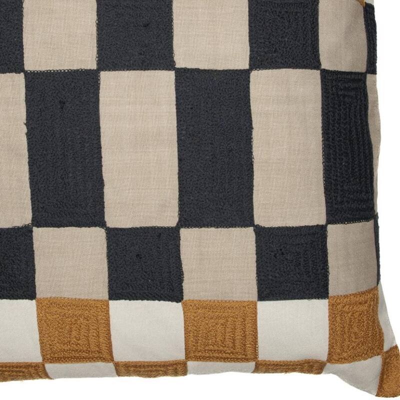 20" Beige Ivory And Navy Blue Check Throw Pillow Cover