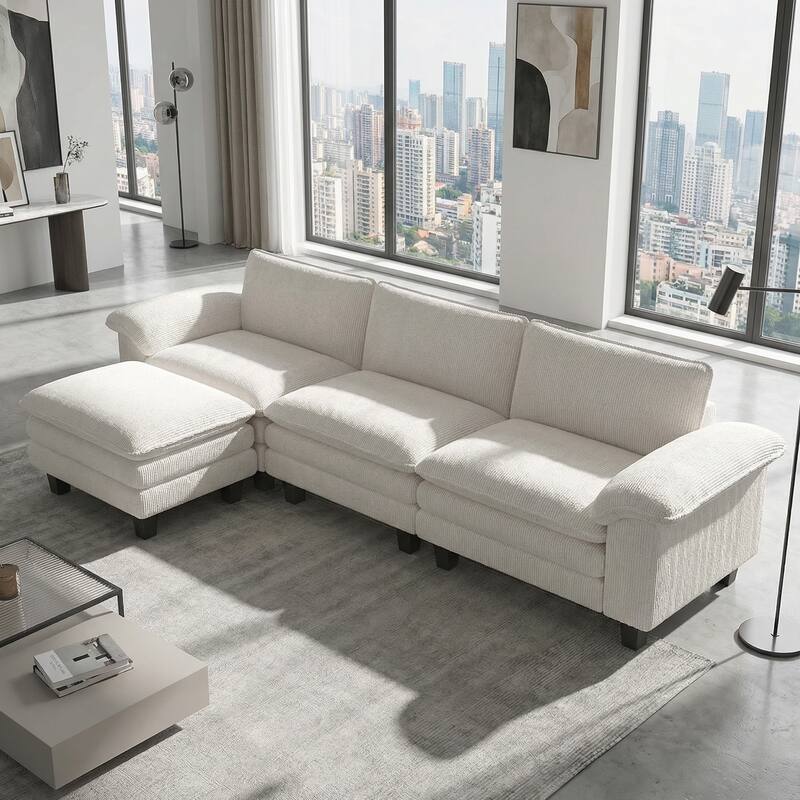 HOMCOM 124" Corduroy L-Shaped Sectional Sofa, Deep Seat, Ottoman, Beige, 2200lb