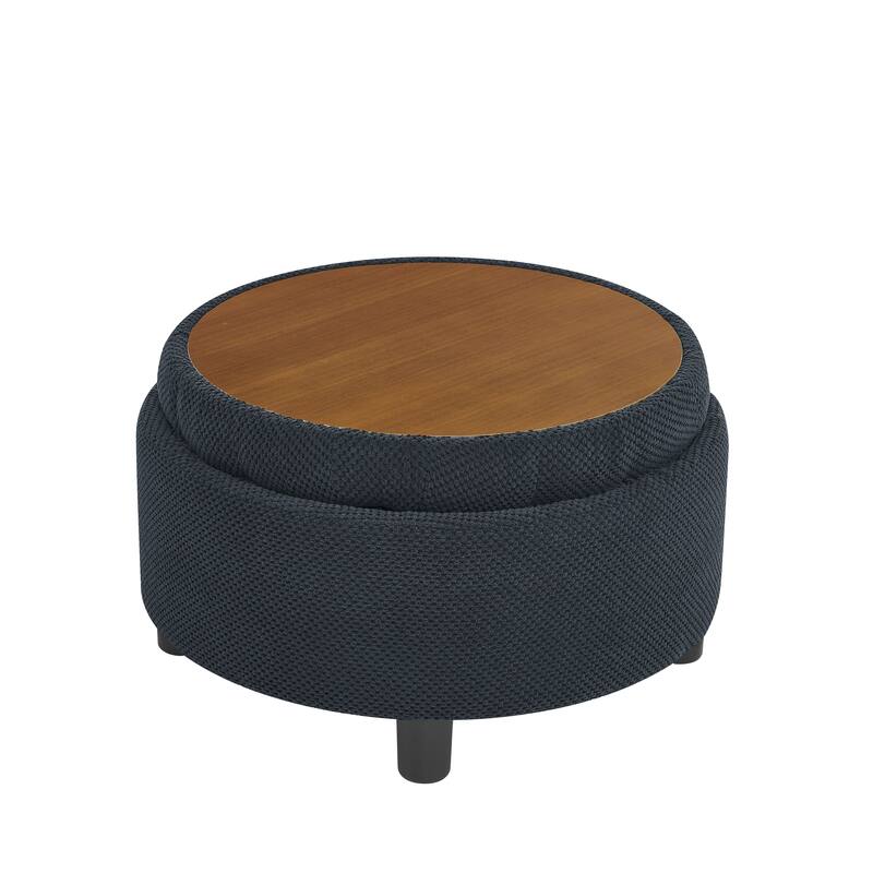 Round Storage Ottoman with Lift-Off Tray and Upholstered Fabric