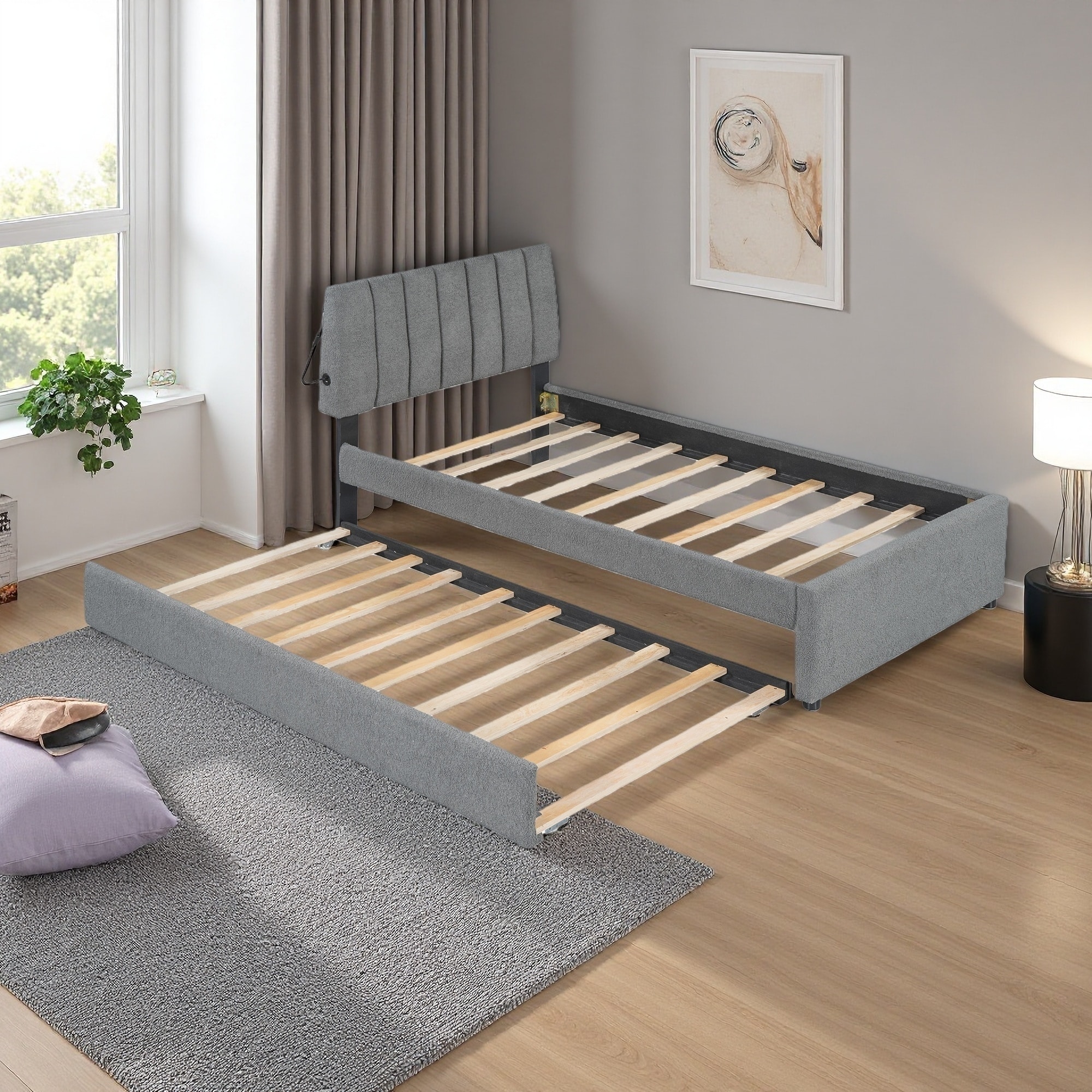 Twin Size Teddy Fleece Upholstered Platform Bed with Trundle, LED Light, Solid Construction, Space-saving Design