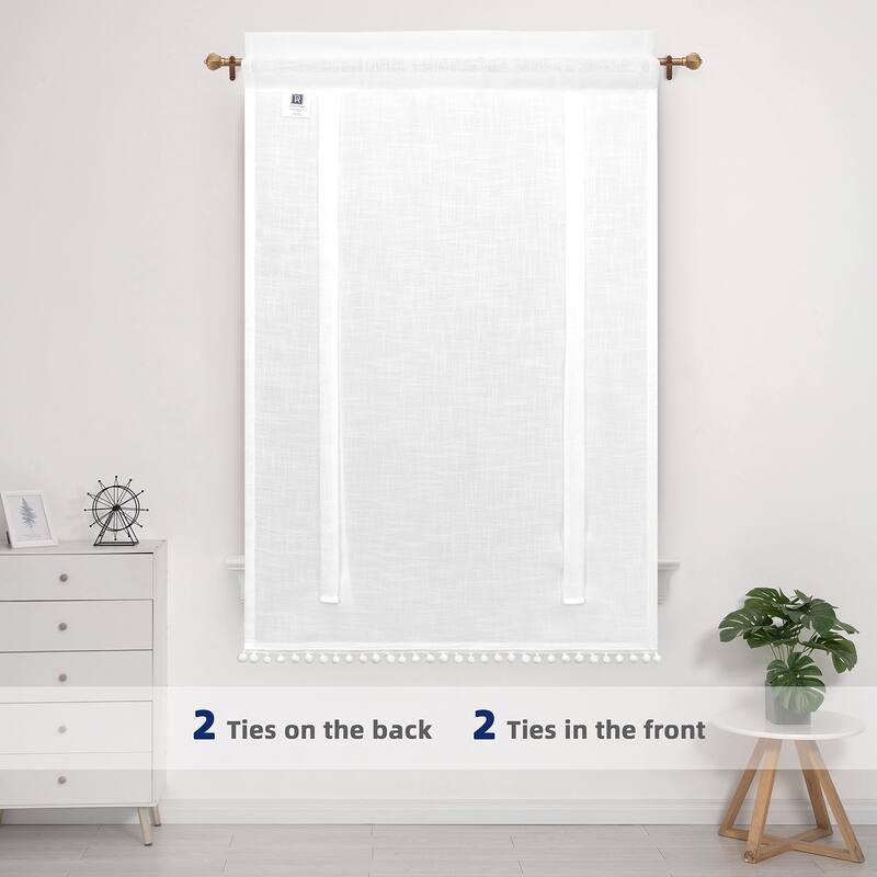 DriftAway Solid Color Linen Textured Slub Sheer with Pom Pom Trim Tie Up Adjustable Balloon Rod Pocket Window Curtains