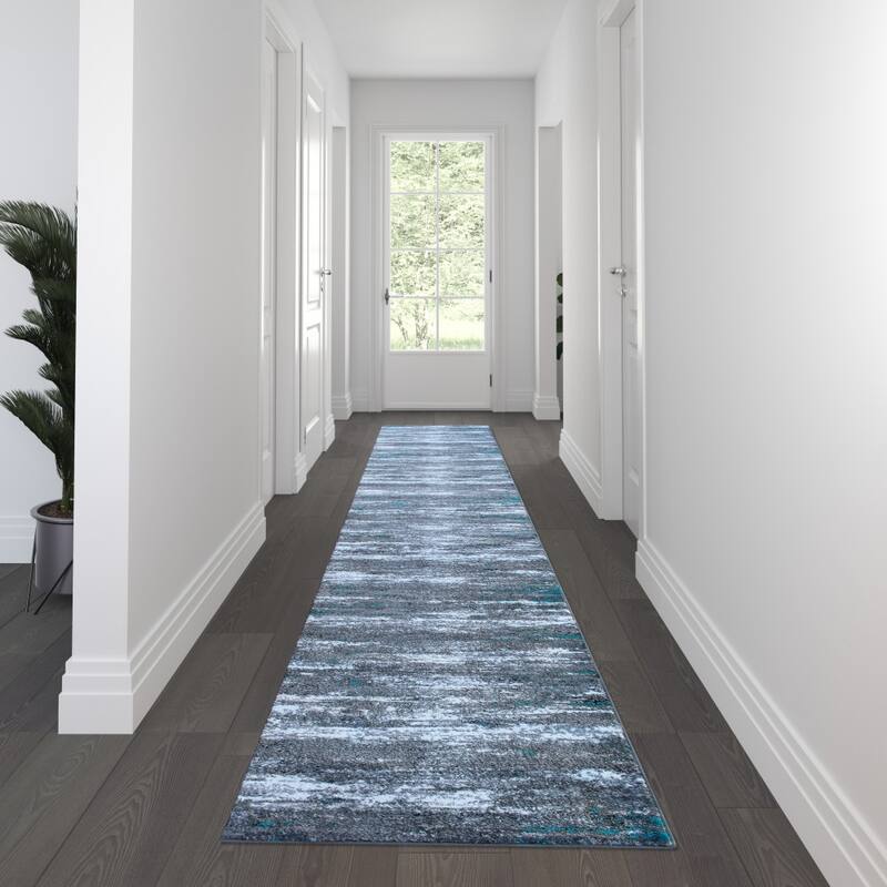 Distressed Motif Indoor Jute Back Olefin Area Rug - 3' x 16' - Turquoise