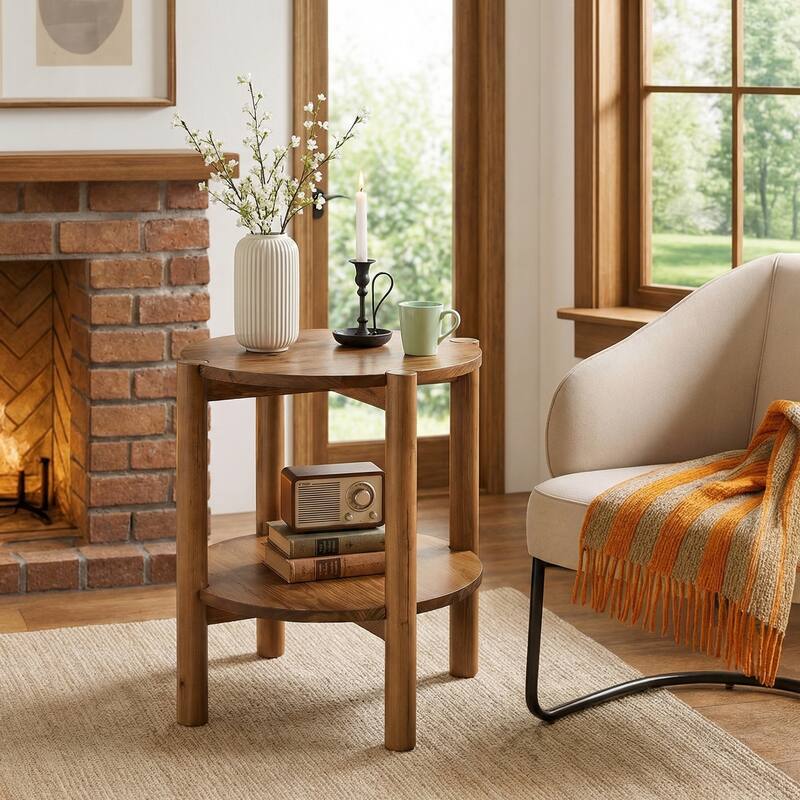 2 Tier Solid Wood Round Side Table, Farmhouse End Table with Storage Shelves