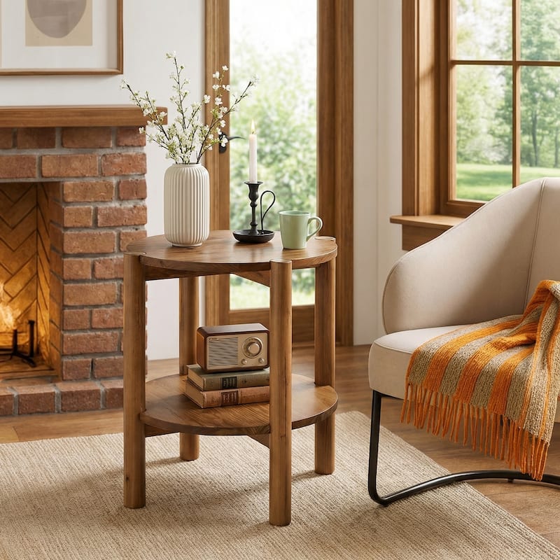 Solid Wood Round End Tables for Living Room, Farmhouse 2-tier Side Table - 19.69" D x 19.69" W x 23.62" H