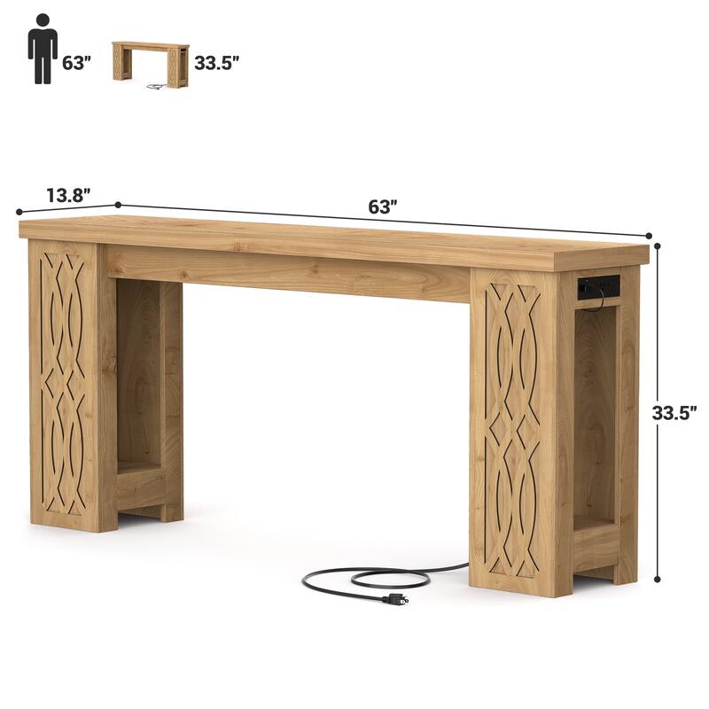 63" Farmhouse Console Table with RGB LED Lights ＆ Power Outlets, Unique Carved Design Entryway Table, Wooden Sofa Table