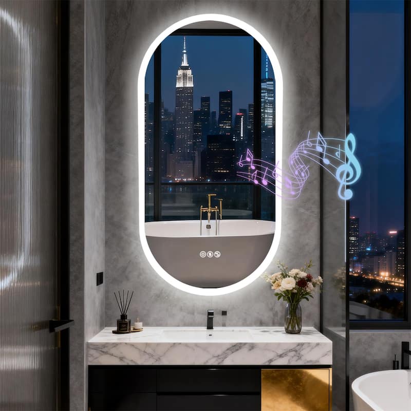Oblong Bluetooth Led Lighted Bathroom Makeup Mirror Tempered Glass Backlit Vanity Mirror