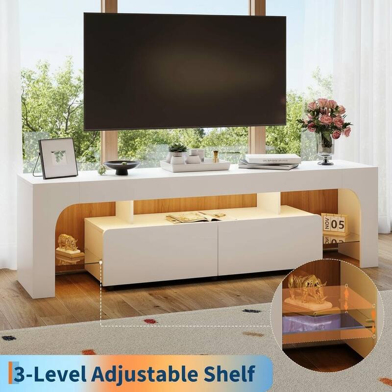 TV Stand with LED Lights, with 2 Drawer & Open Shelf