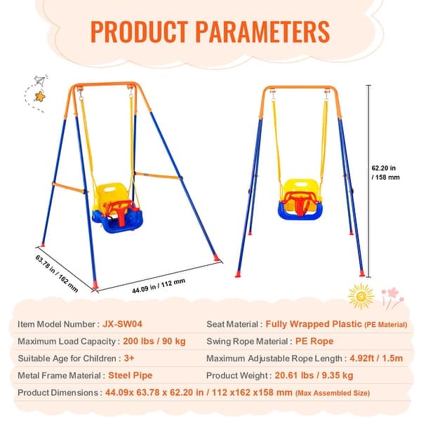 dimension image slide 0 of 3, Swing Sets for Backyard, Toddler Swing Set Foldable Metal Stand, Easy to Assemble, Swingset Indoor/Outdoor