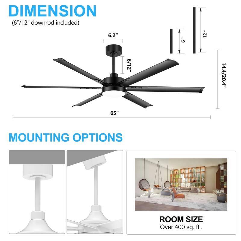65-in Indoor Large LED Ceiling Fan with Light Remote (6-Blade)
