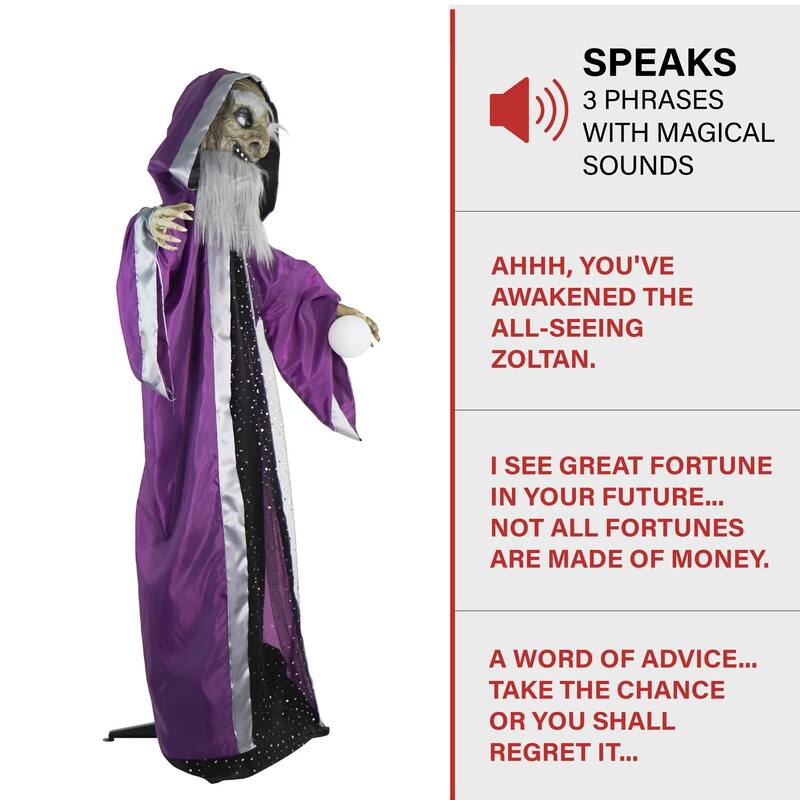 Haunted Hill Farm The Great Zoltan Animatronic Talking Wizard with Movement and Light-Up Crystal Ball for Halloween Decoration