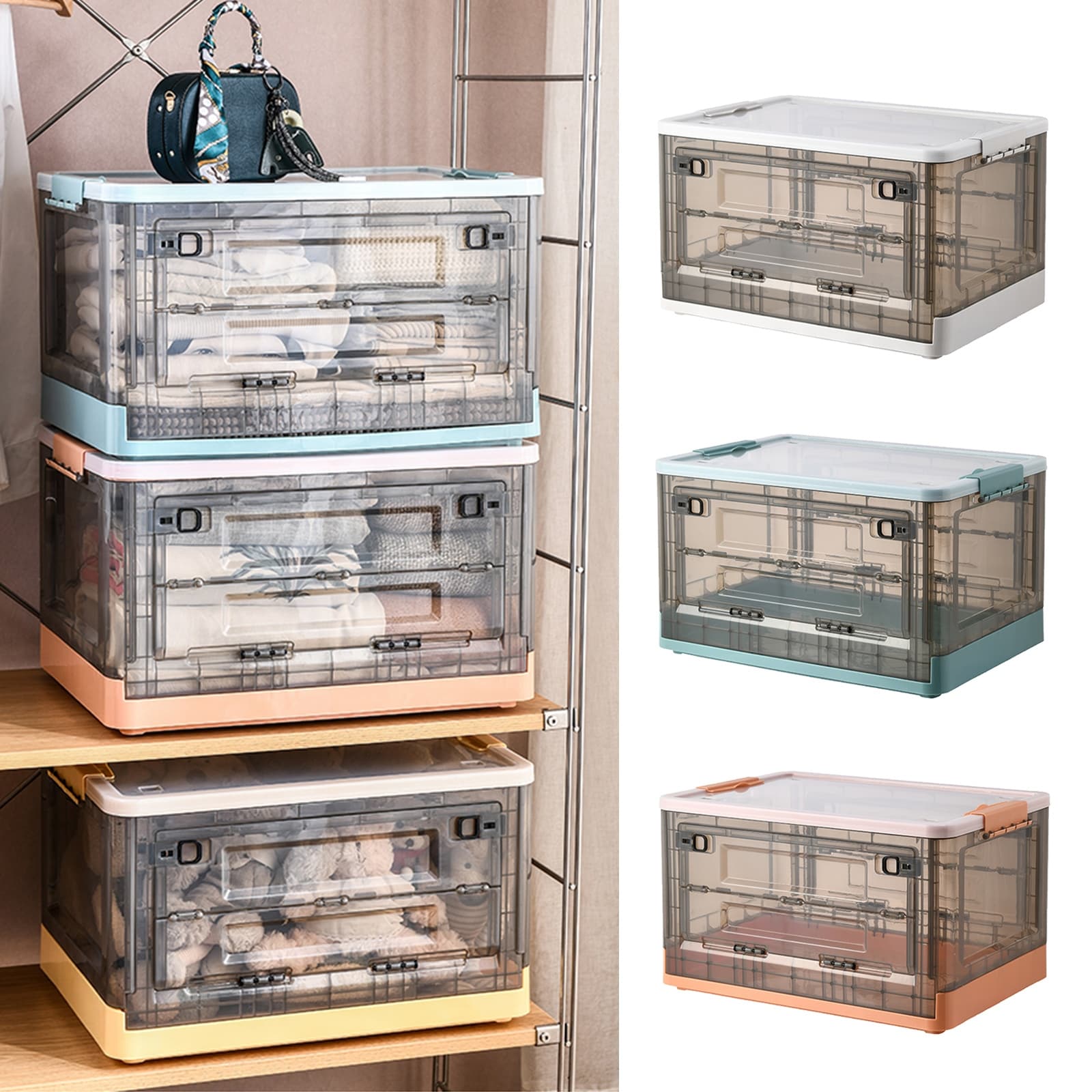 Stackable Plastic Storage Bins with Wheels ，4 Tier Folding Storage Box with  Safety Latch Doors ， Collapsible Storage Bins with Lids for Organizing