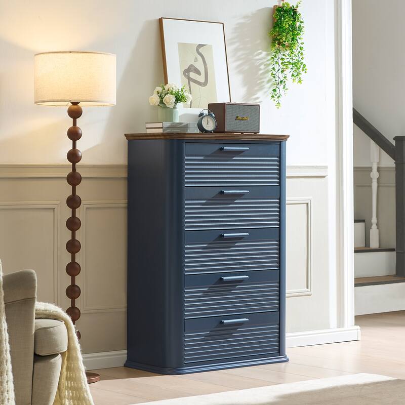 Fluted Curved Dresser with Drawers for Bedroom, Chest of Drawers Closet Storage Organizer - Navy Blue - 5-drawer