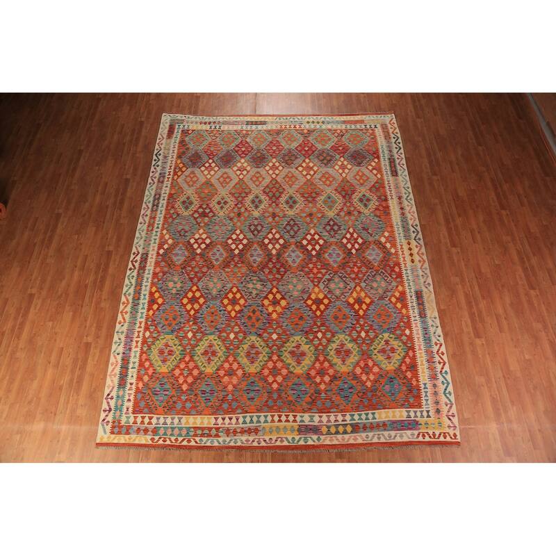 South Western Style Kilim Oriental Rug Hand-Woven Wool Carpet - 9'8" x 13'1"