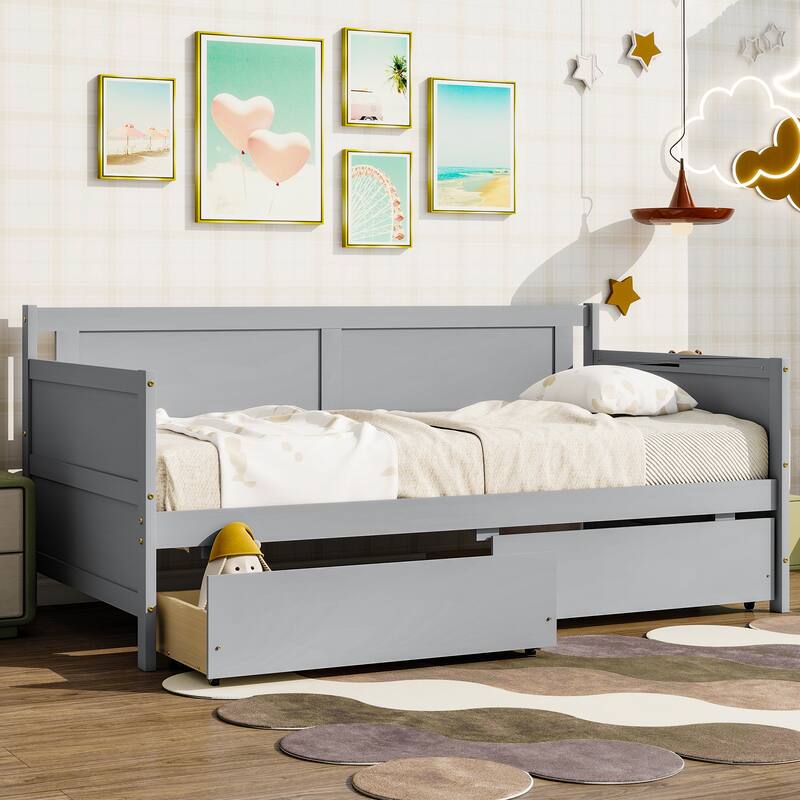 Twin Size Pine Wood Daybed with Two Storage Drawers, Grey