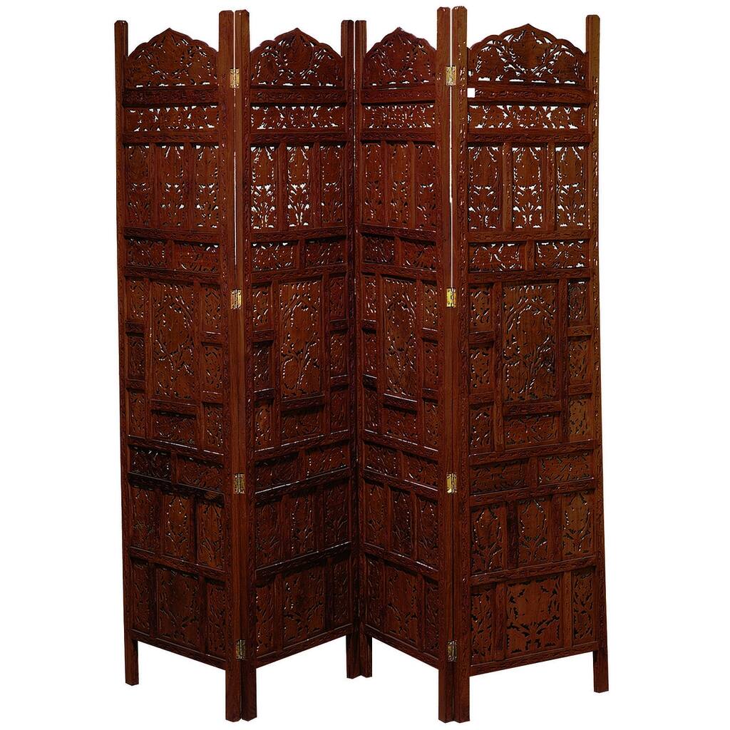 Wood Floral Handmade Carved Foldable Partition 4 Panel Partition Room Divider Screen - Red - Roche River Decor