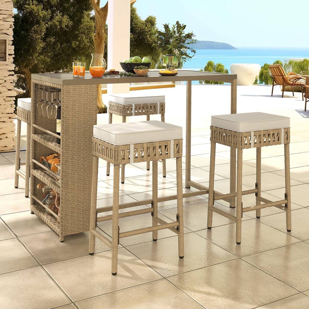 Moasis 5 Piece Rattan Wicker Bar Set,Patio Dining Furniture with Wine Glass Holder and 4 Cushioned Bar Stools