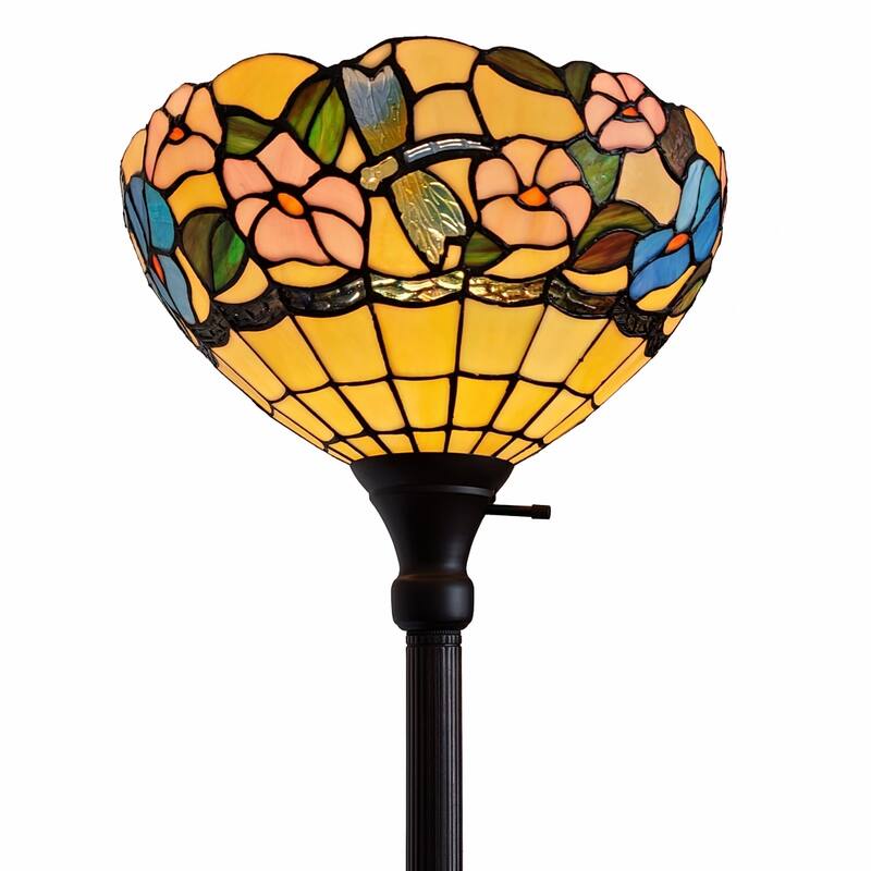 Green Glass Tiffany Floor Lamp with Brown Metal Base and Rotary Socket Switch - 14” x 14” x 70” (D x W x H)