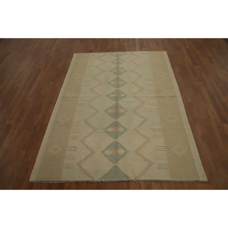 Hand Woven Oriental 100% Wool Carpet Southwestern Tribal Beige & Ivories Kilim Area Rug - 6' 5'' X 4' 7''
