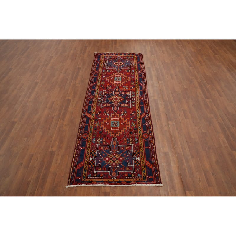 Hand Knotted Oriental 100% Wool Carpet Traditional Geometric Red Heriz Runner Rug - 9' 11'' X 3' 3''