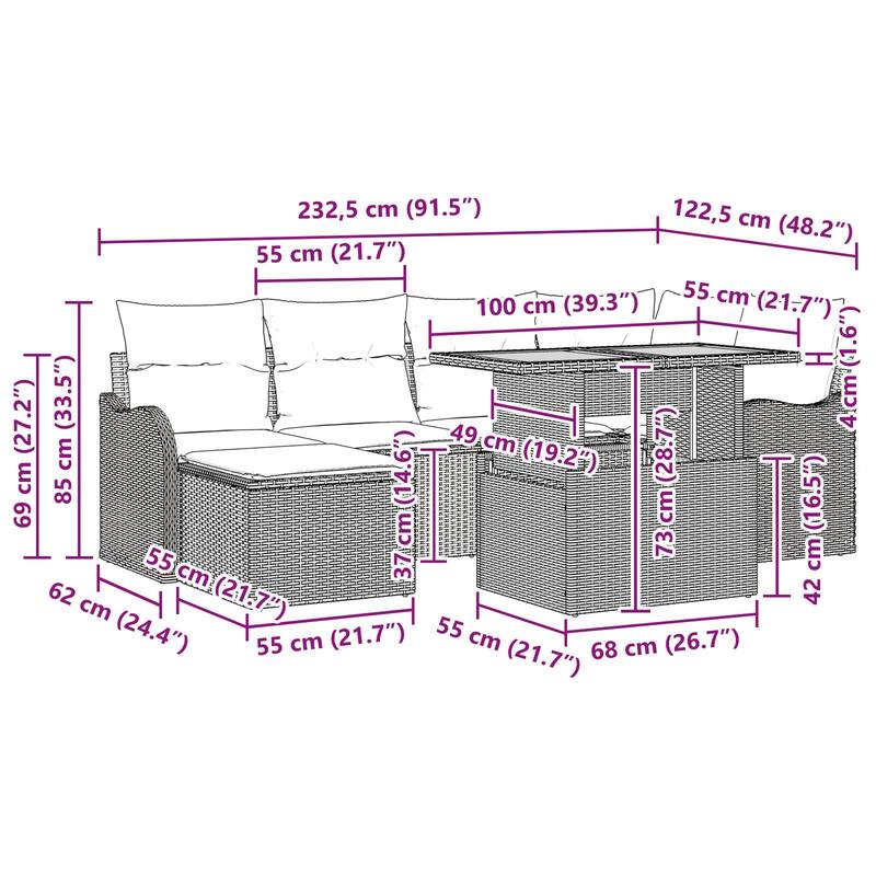 vidaXL 7 Piece Garden Sofa Set with Cushions - 91.5×48.2×27.2