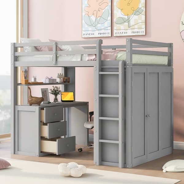 slide 2 of 13, Full Wood Loft Bed with Desk, Wardrobe, Drawers & Safety Guardrails Gray - Full