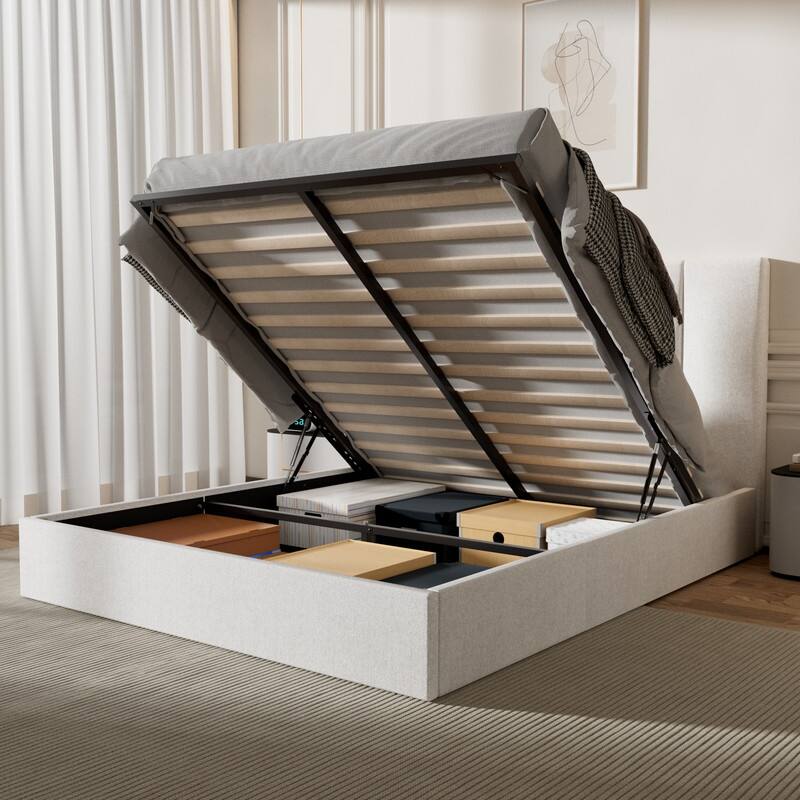 Modern Upholstered Lift-Up Storage Platform Bed with Headboard