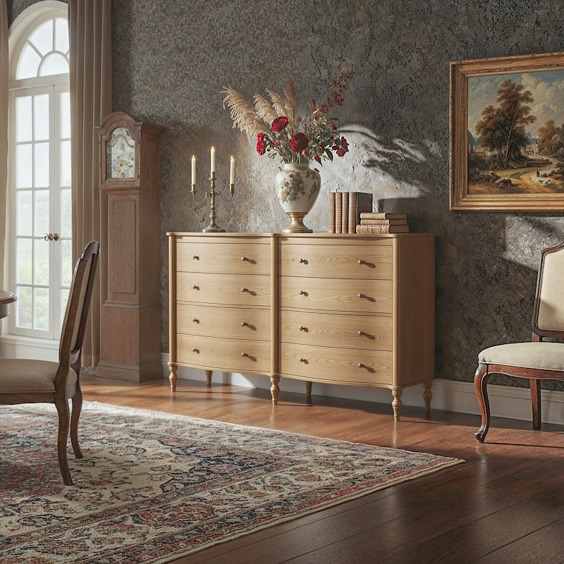 Elegant 8-Drawer Dresser with Solid Wood Legs, Vintage Curved Front Chest of Drawers for Bedroom Storage