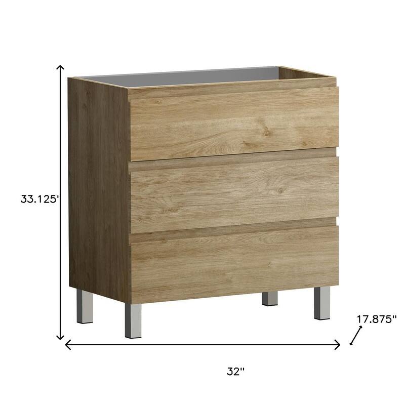 HomeRoots 32" Oak Wood Freestanding Bathroom Vanity With White Sink And Three Drawers - 32.00 in. x 33.12 in. x 17.88 in.