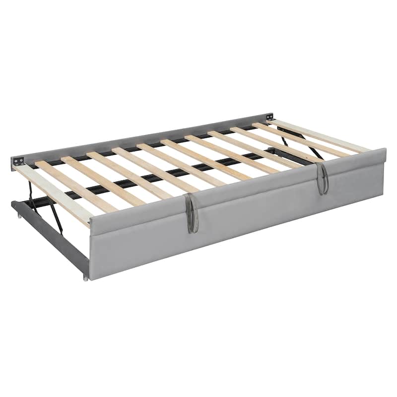 Twin Size Upholstered Daybed with Pop Up Trundle and Storage Shelves & Socket