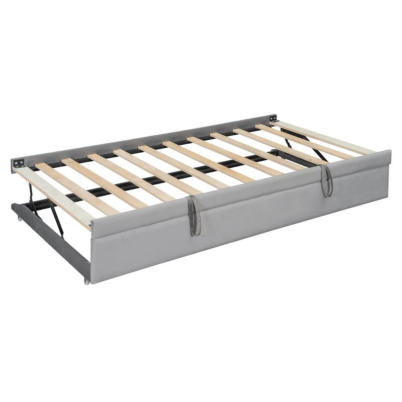 Twin Size Velvet Upholstered Daybed with Trundle, Storage Shelves, USB & Outlet