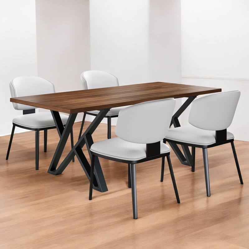 5-Piece Modern Faux Leather and Metal Dining Set, Sturdy Dining Table with 4 Chairs, Elegant Design for Dining Room or Kitchen - Black White,Walnut
