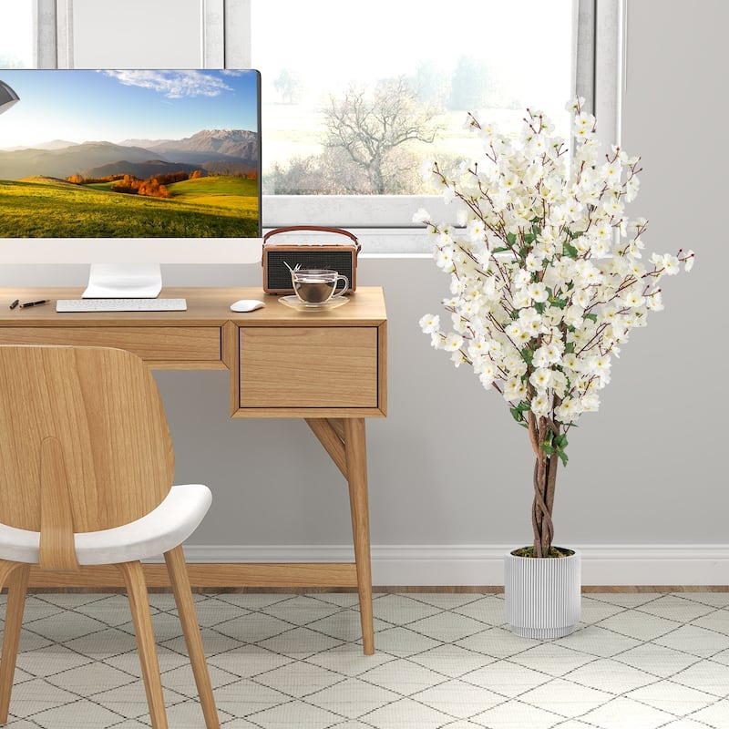 Gymax 2PCS 47'' Artificial Winter Sweet Tree Faux Plum Blossom Plant