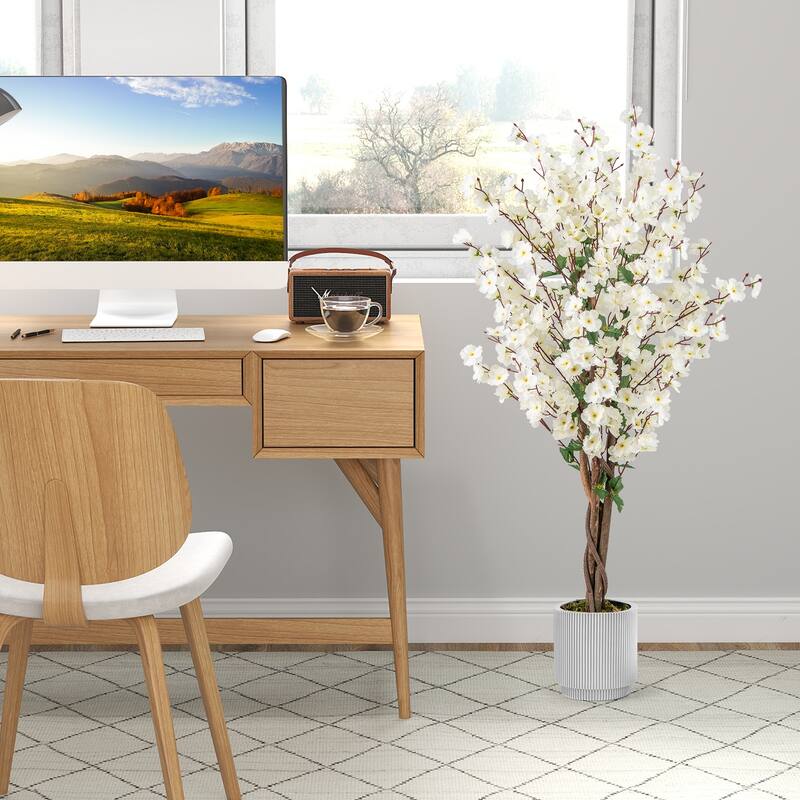 Gymax 47'' Artificial Winter Sweet Tree Faux Plum Blossom Plant w/