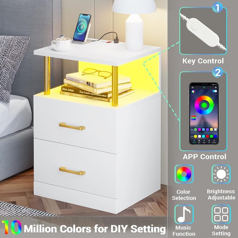 Nightstand with Open Storage 2 USB Ports Outlets 2 Drawers LED Light