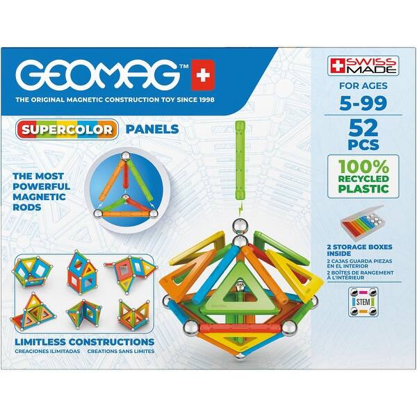 slide 2 of 9, Geomag Magnetic Building Set, Supercolor Recycled, 52 Pieces Red, Blue, Orange, Green, Yellow - Kids
