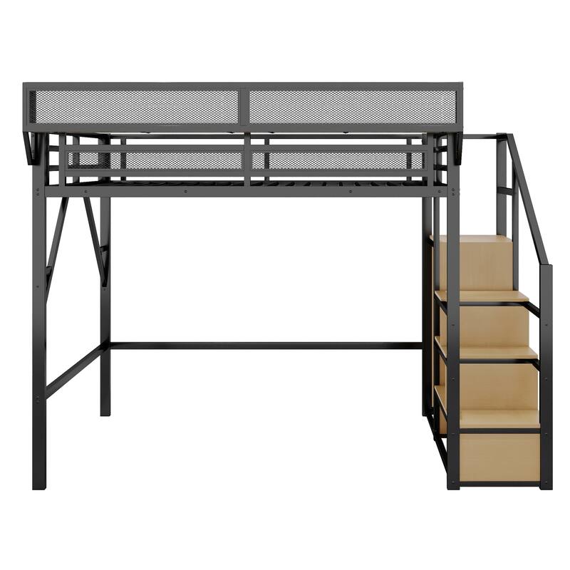 Metal Loft Bed with Wooden Stairs Built-in Storage Shelves and Wardrobe, High Loft Bed Frame with Side Grid Storage Rack