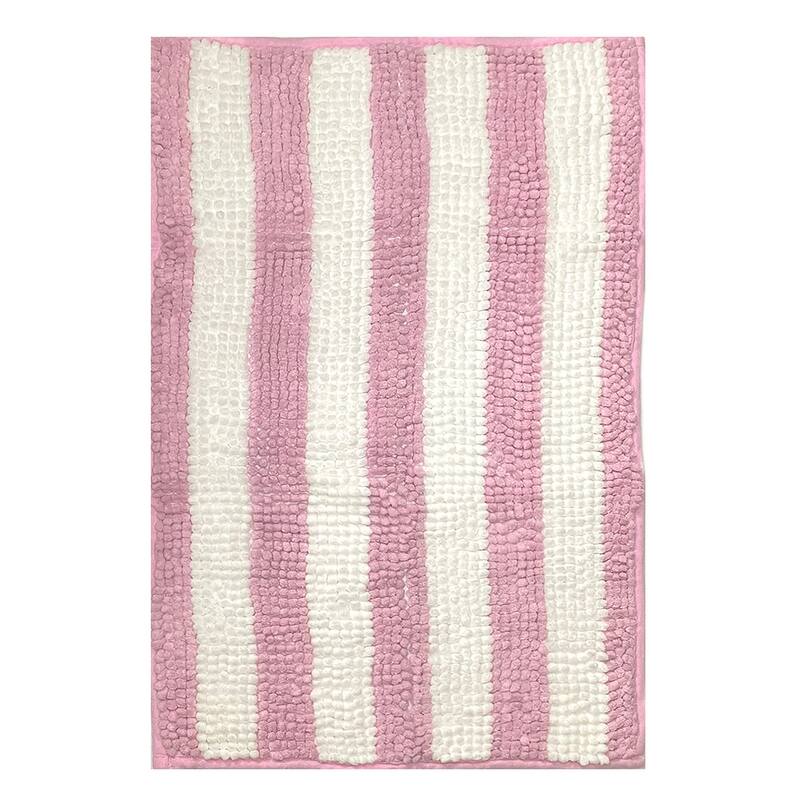 Large 2 Piece Set Pink White Stripe Soft Cozy Plush Chenille Bath Mat Bathroom Rug