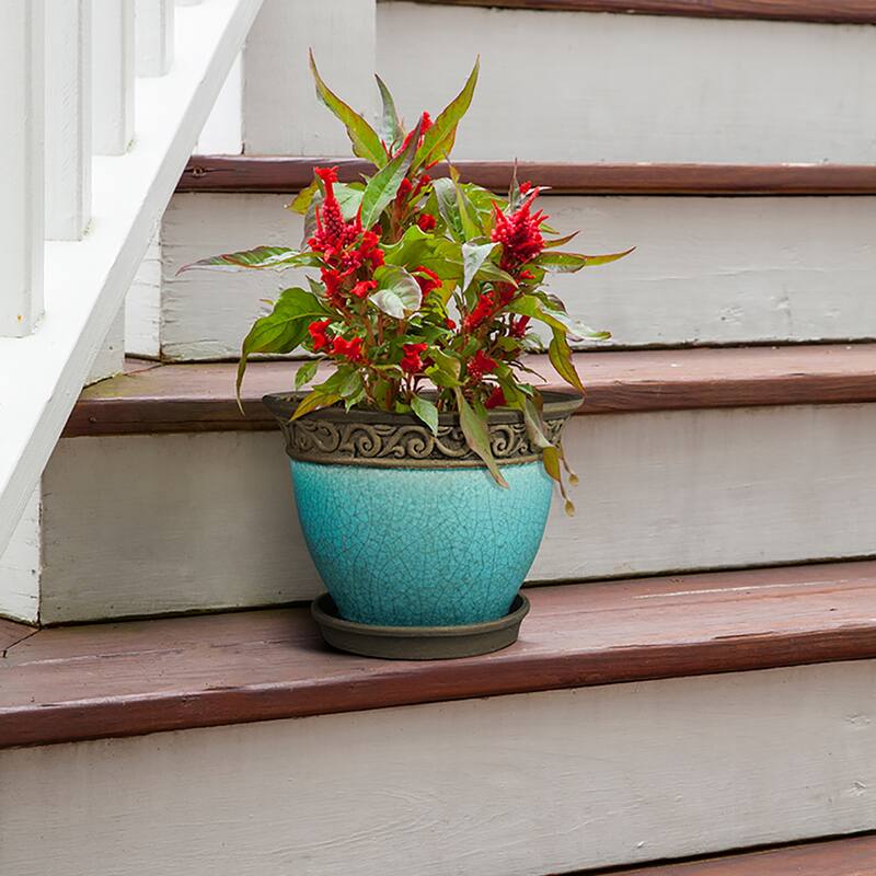 Southern Patio Cadiz 8" Crackled Ceramic Planter Pot w/Saucer, Teal (2 Pack) - 8.16