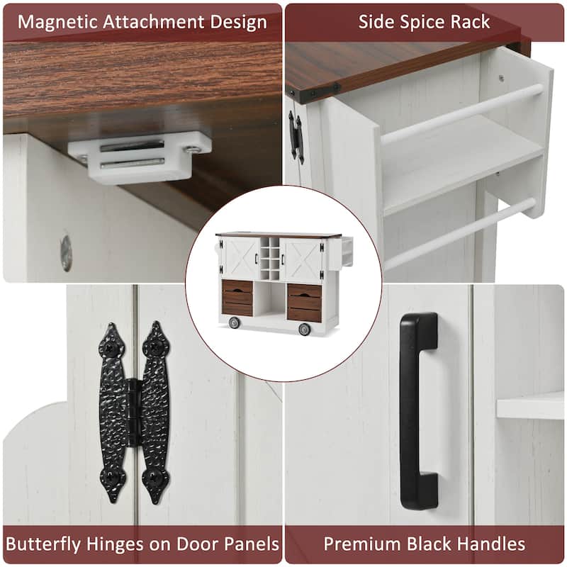 Kitchen Island with Drop Leaf, 2 Doors & 2 Drawers, Rolling Kitchen Island on 4 Wheels, Kitchen Storage Cart with Power Outlet