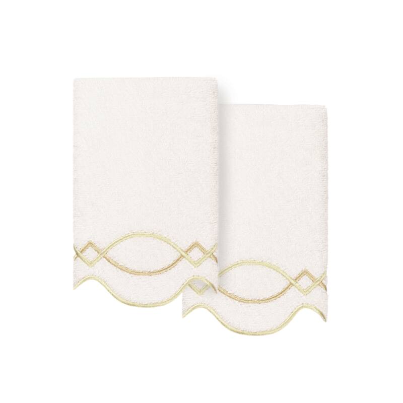 Authentic Hotel and Spa 100% Turkish Cotton DIAMOND CHAIN Scallop Embellished Towel Collection - White/Beige - 2 Fingertip Towels