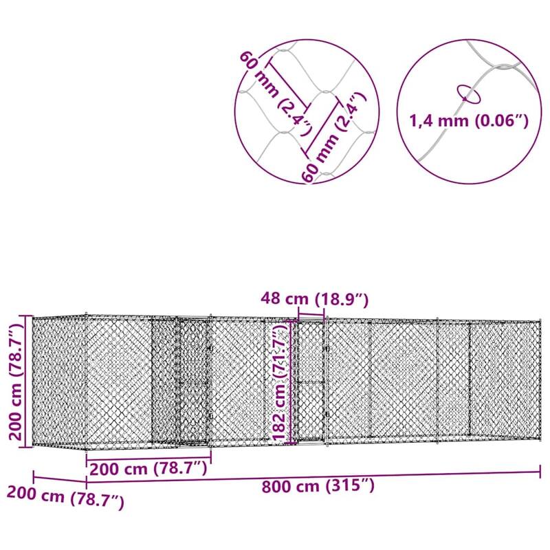 Dog Cage Silver 600/800 x 200 x 200 cm Galvanised Steel