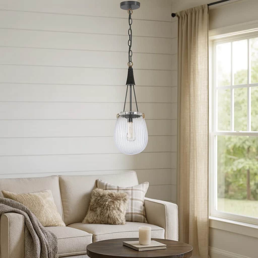 Cora 8 Inch Pendant Light w Gray Gold Chain, Fluted Raindrop Glass
