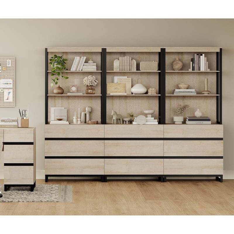 WAMPAT Modern 72" Tall Bookcase with Drawers and Open Book Shelfs, Library Book Shelf for Home Office, Living Room