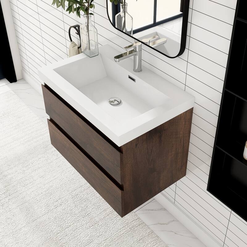 MDF Wall-Mounted Bathroom Vanity Set in Rose Wood with Integrated Culture Marble Sink