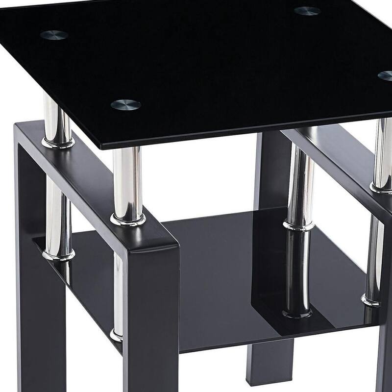 HomeRoots Black Glass and Metal Square End Tables With Shelf - 17.72 in. x 20.48 in. x 17.72 in.